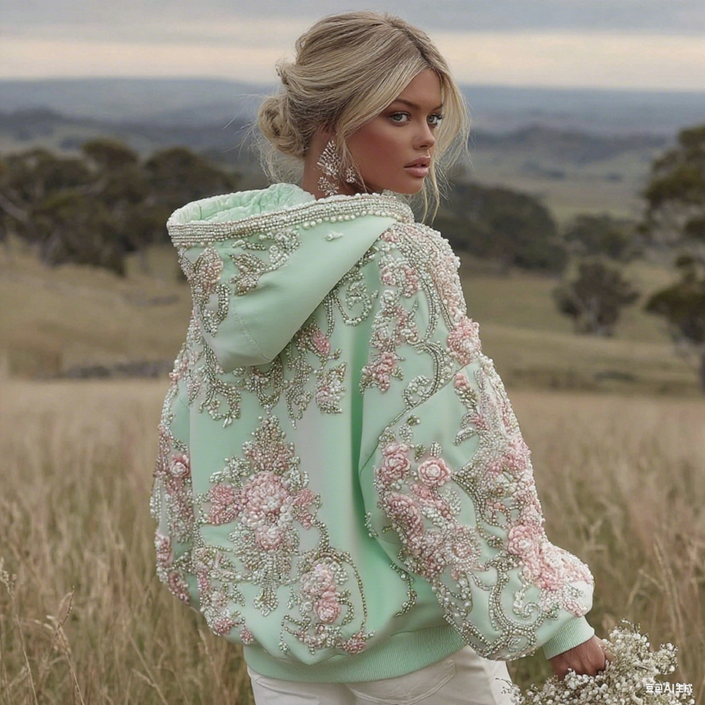 Comstylish Women's Pink Flower Embroidery Art Long Sleeve Hoodie