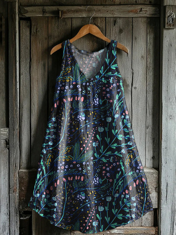 Women's Vintage Floral Art Print V-neck Pocket Cotton Dress