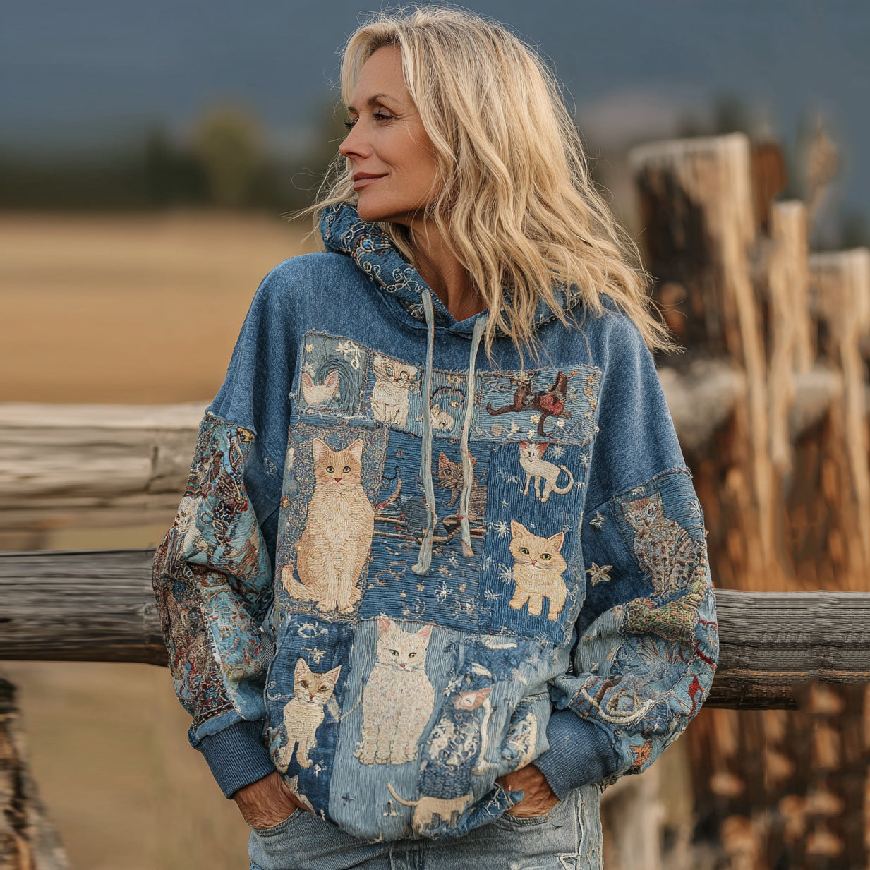 Comstylish Women's Denim Patchwork Cute Cat Print Hoodie