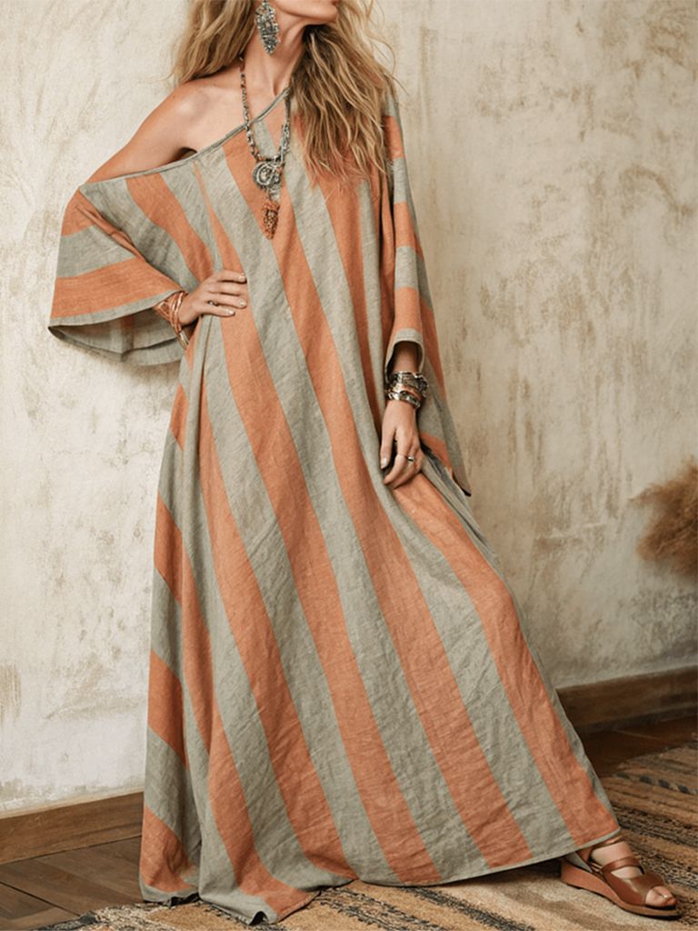Nomad Spirit Ladies' Colorful Stripe Art Linen Long Kaftan Dress artswardrobe