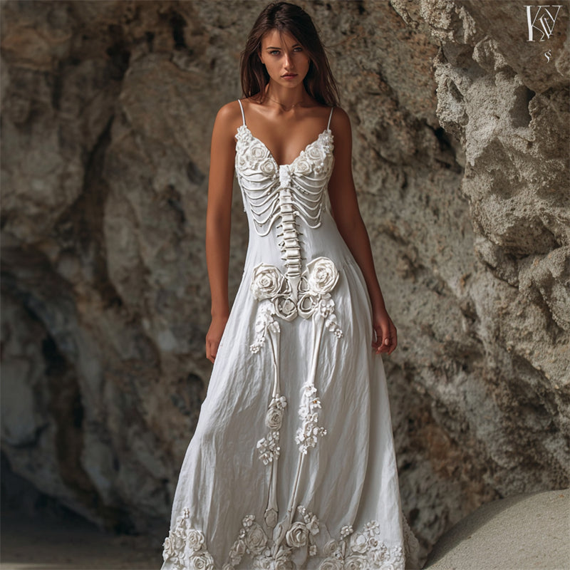 Comstylish Vintage Skeleton White Roses Linen Cami Maxi Dress