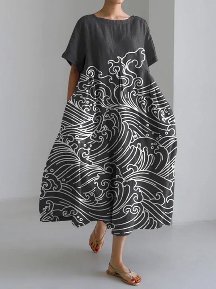 Japanese Style Marine Loose Short Sleeved Midi Dress
