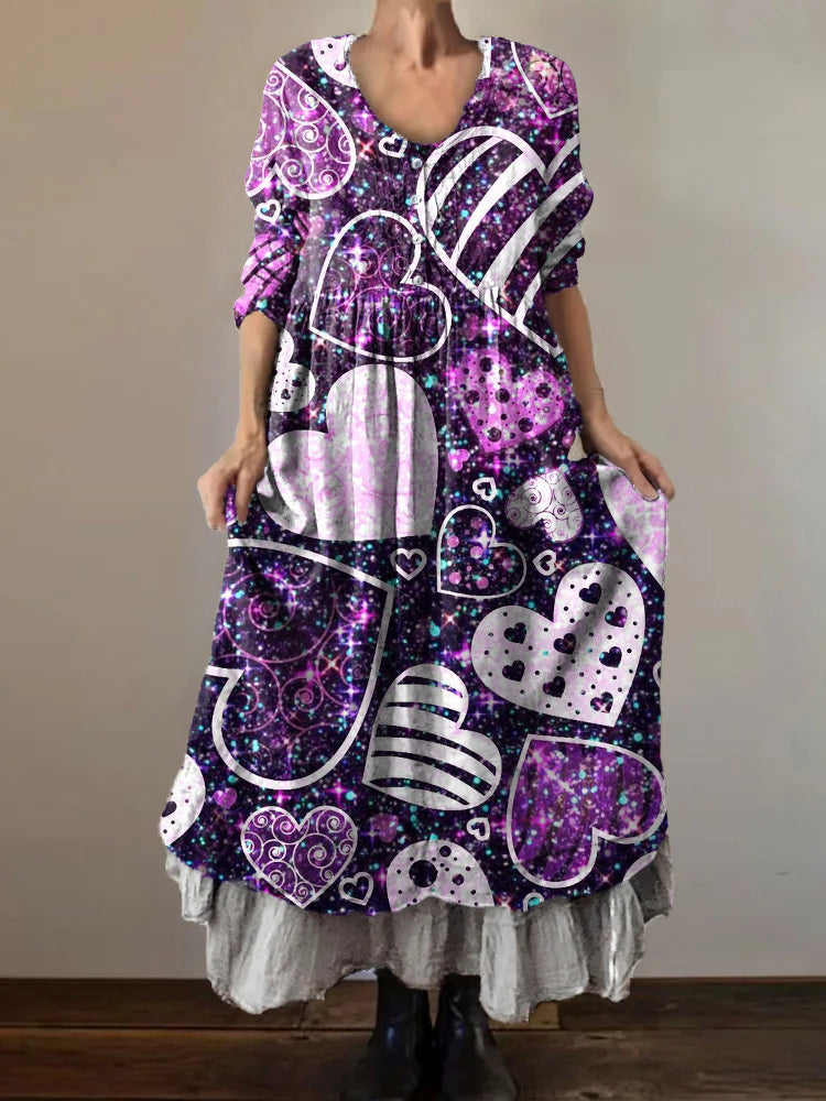 Women's Art Painting Hippie Fun Love Heart Print V-Neck Dress