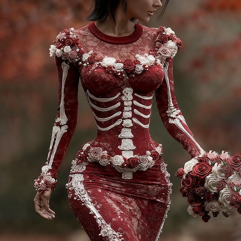 Vintage Skeleton Anatomy Roses Art Crew Neck Sweater Dress artswardrobe