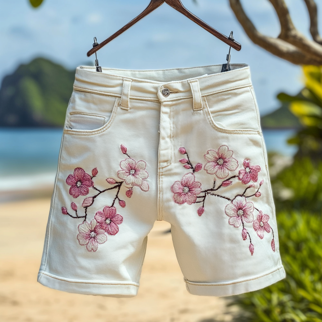 Comstylish Women's Vintage Japanese Sakura Art Denim Shorts