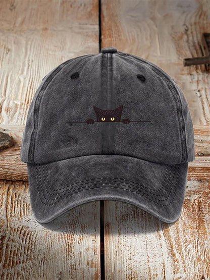 Japanese Art Black Cat Print Washed Hat elevenforest