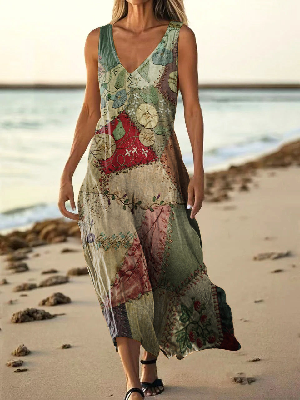 Women's Retro Ethnic Collage Art Pattern Print V-Neck Sleeveless Cotto