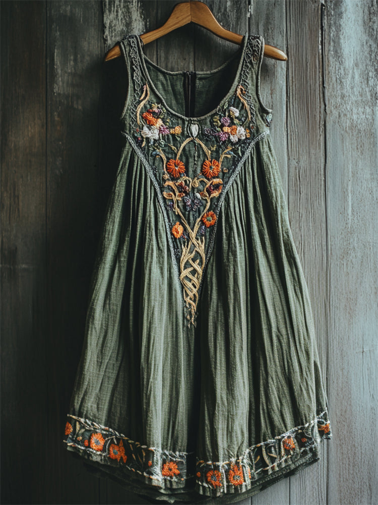 Vintage Cottage Floral Embroidered Linen Tank Dress artswardrobe