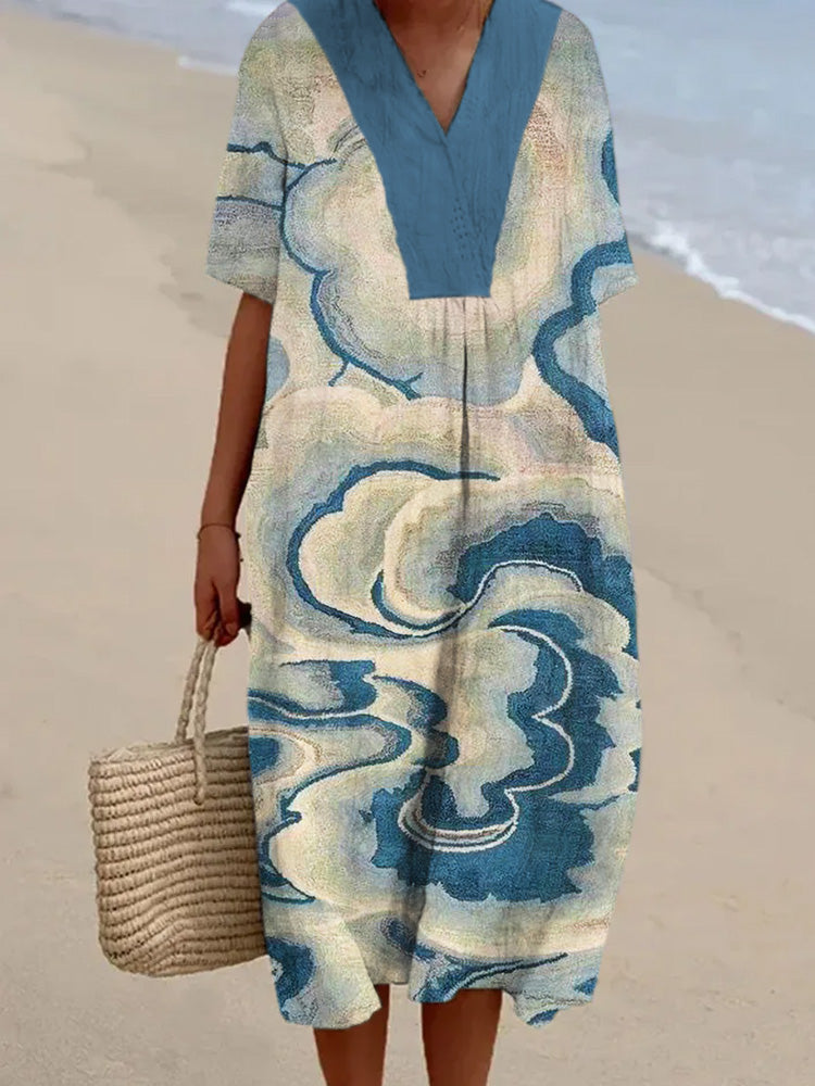 Comstylish Vintage Abstract Cloud Pattern Women's Linen Maxi Dress