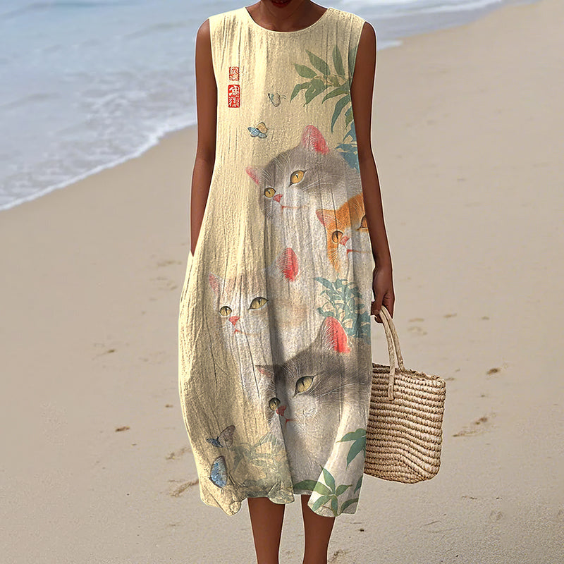 Comstylish Cute Four Cats Pattern Tank Maxi Dress