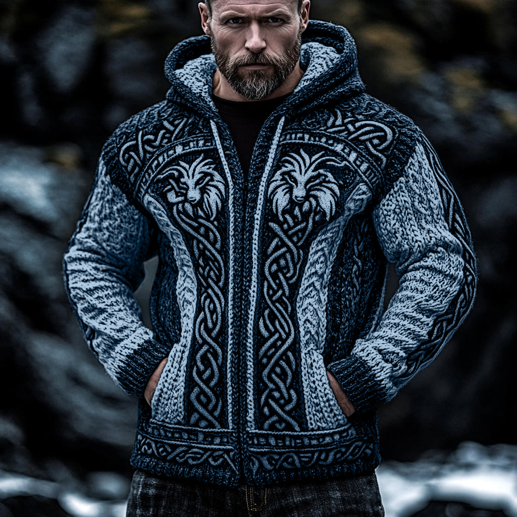 Men's Viking Wolf Style Celtic Thick Zip Hooded Sweater artswardrobe
