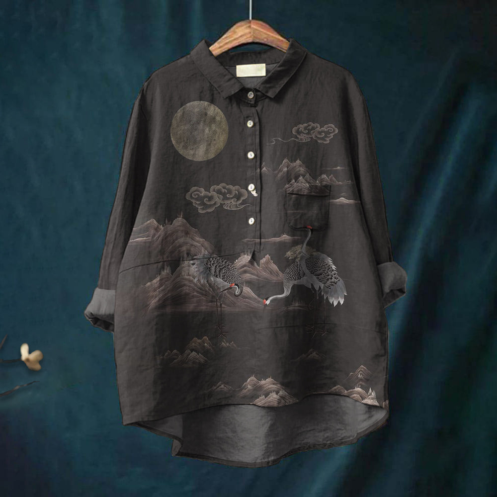 Comstylish Women'S Shirt With Clouds And Flying Crane Print