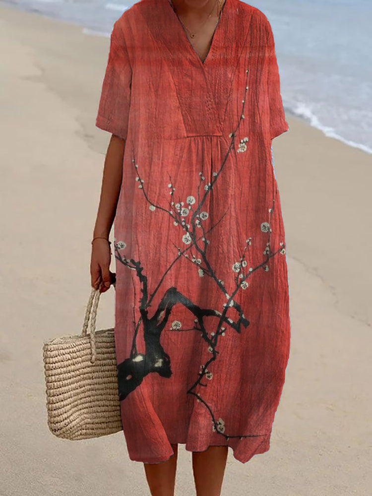 Comstylish Simple Plum Blossom Japanese Art Linen Blend Dress