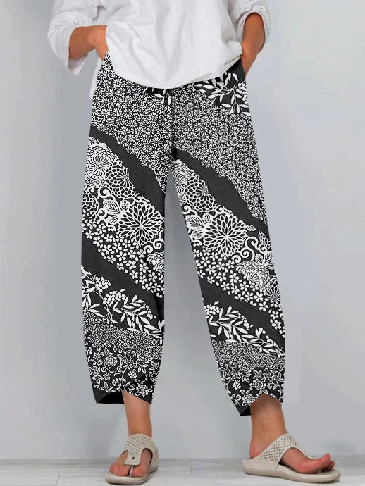 Comstylish Vintage Japanese Floral Pattern Cropped Casual Pants