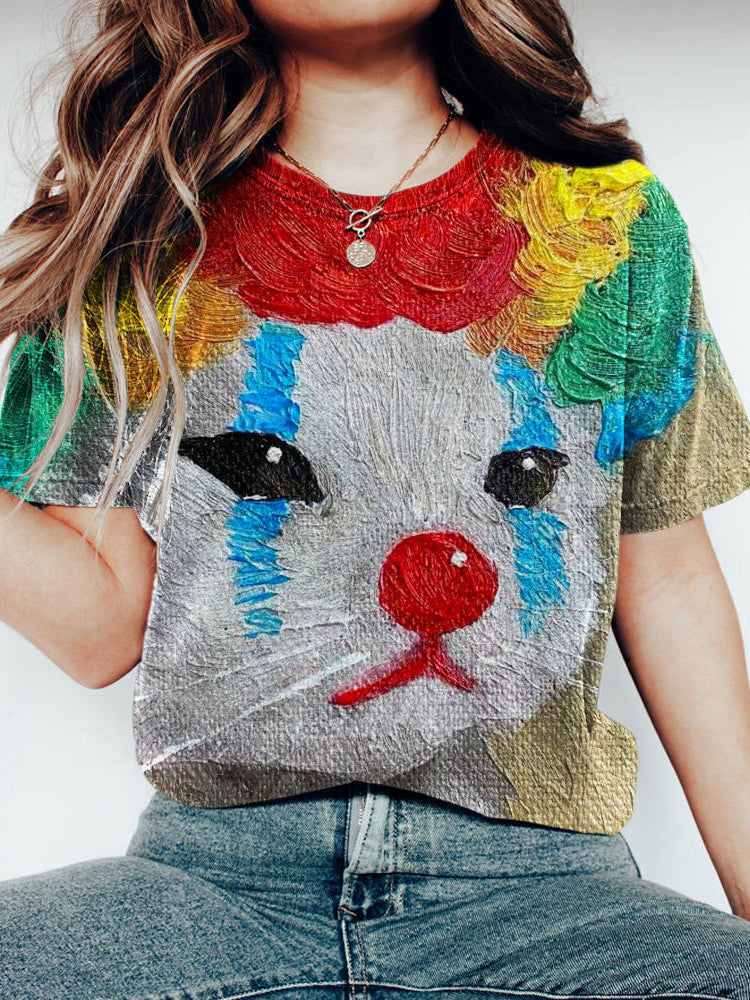 Vintage Clown Cat Print Women's Washed T-shirt elevenforest