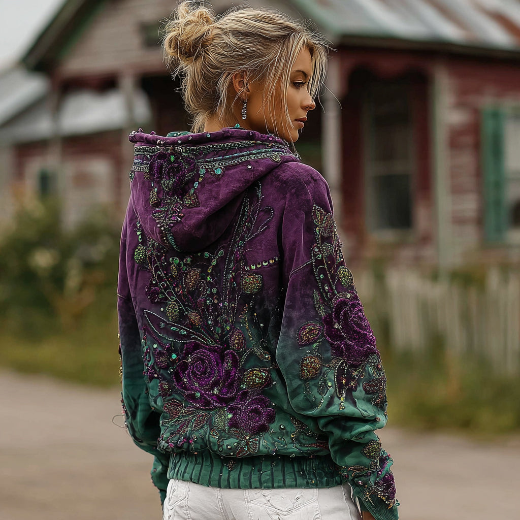 Comstylish Women's Retro Purple Rose Gradient Pattern Casual Hoodie