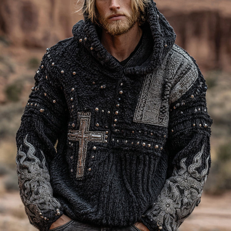 Men's Vintage Cross Colorblock Design Knit Hooded Sweater artswardrobe