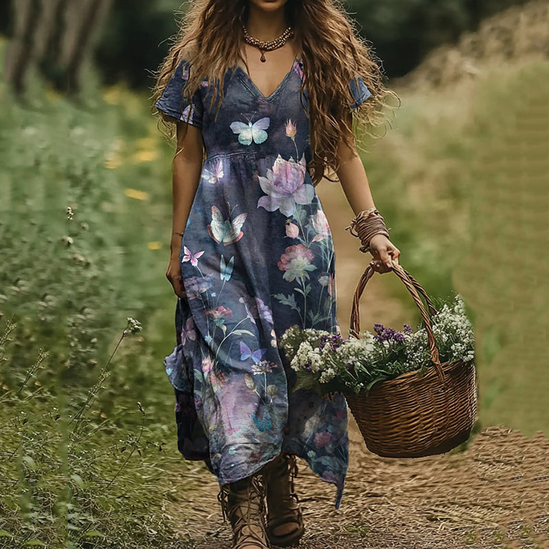 Women's Vintage Floral Butterfly Art Print V-neck Linen Blend Midi Dress artswardrobe