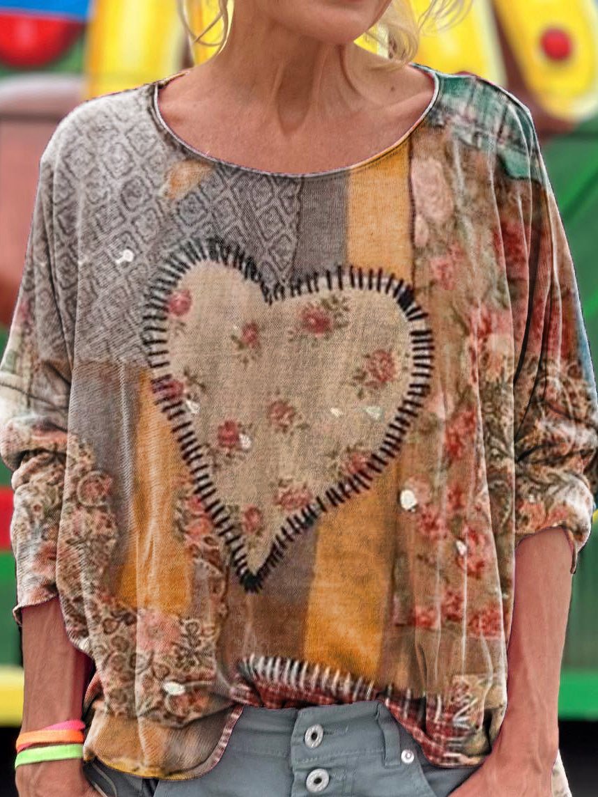 Women's Vintage Heart Pattern Art Print Casual Long Sleeve T-shirt