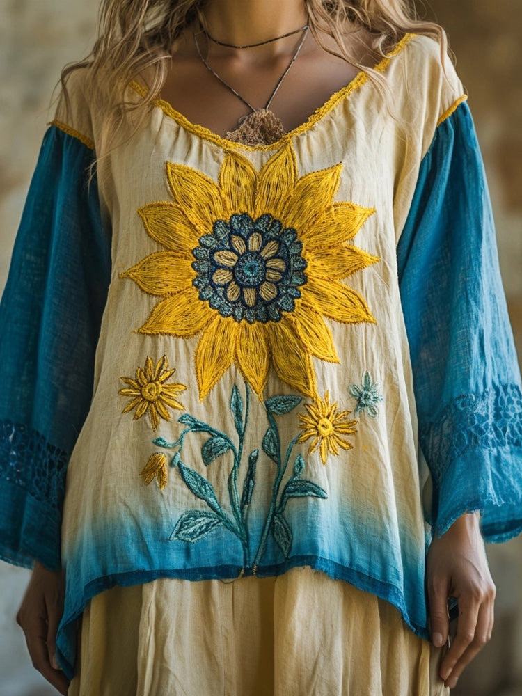 Boho Sunflower Embroidered Gradient Flowy Linen Tunic artswardrobe