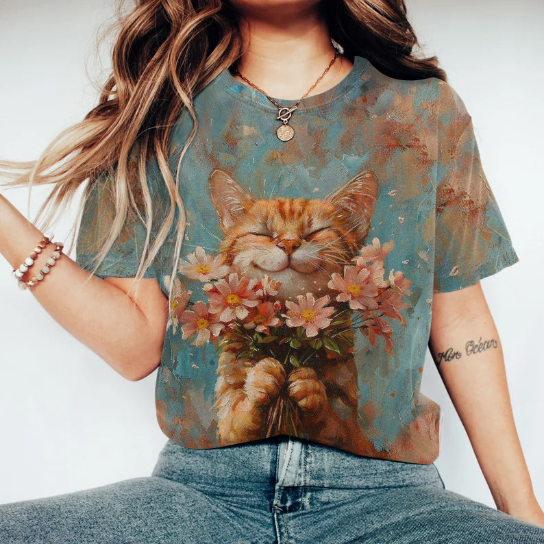 Abstract Creative Happy Cat Among Flowers Painting Art T-Shirt elevenforest