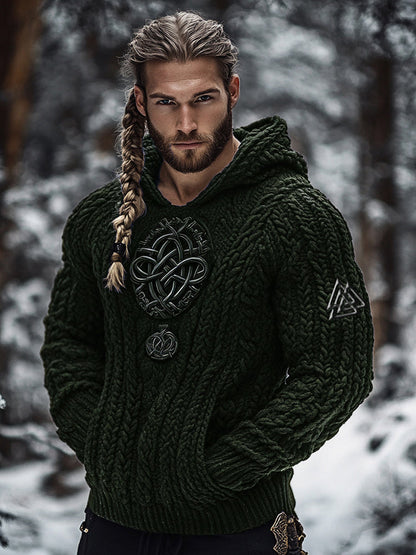 Men's Viking Tribal Jacquard Celtic Inspired Chunky Knit Hooded Sweater artswardrobe