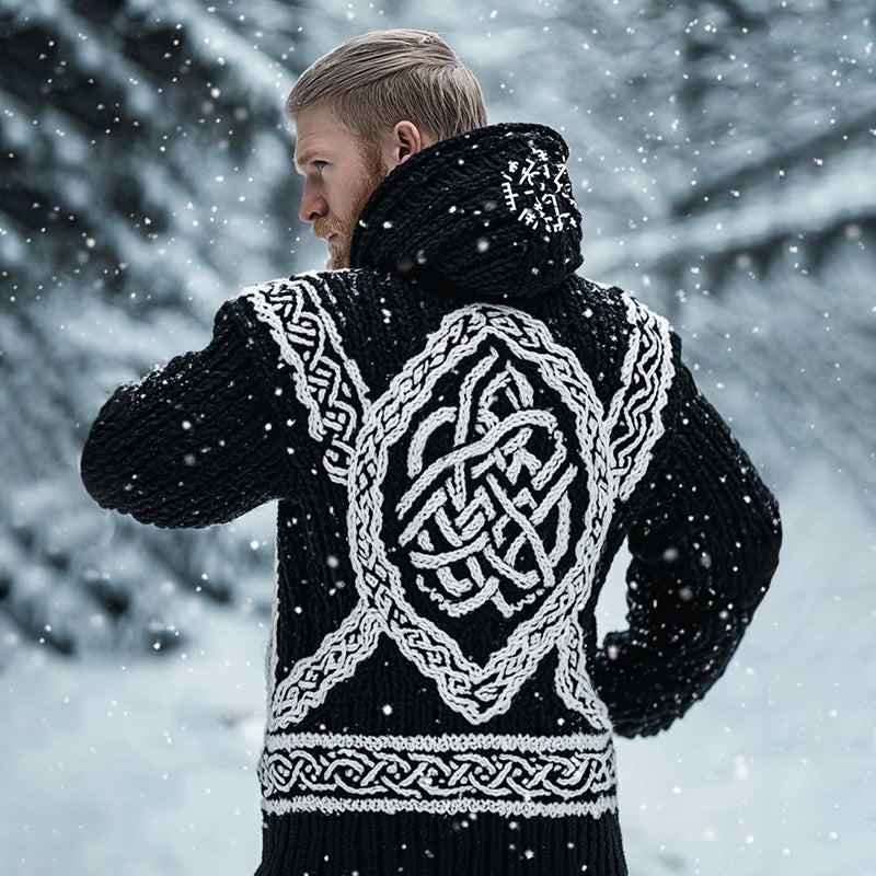 Men's Viking Tribal Jacquard Celtic Inspired Chunky Knit Hooded Sweater artswardrobe
