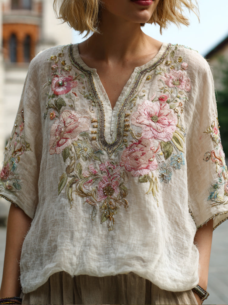Bohemian Floral Fairy Vintage V-neck Short-sleeved Shirt artswardrobe