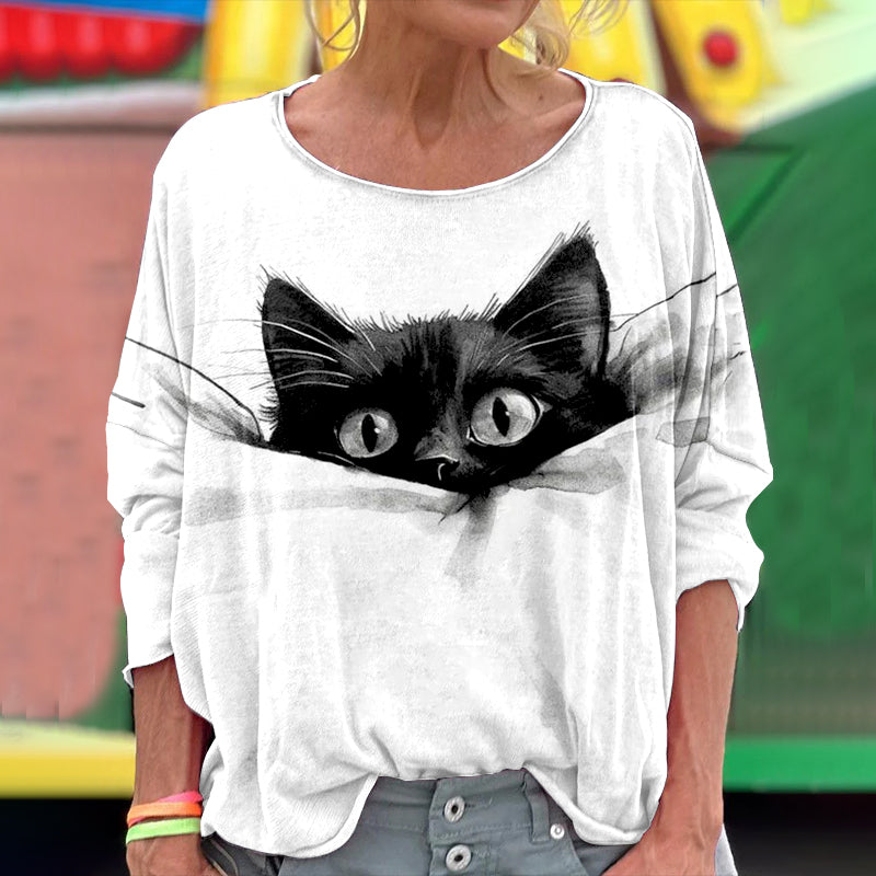Cute Sleeping Cat Art Print Crew Neck T-shirt elevenforest
