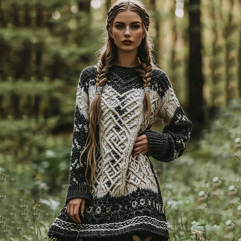 Vintage Viking Celtic Contrast Cozy Chunky Cozy Sweater Dress artswardrobe
