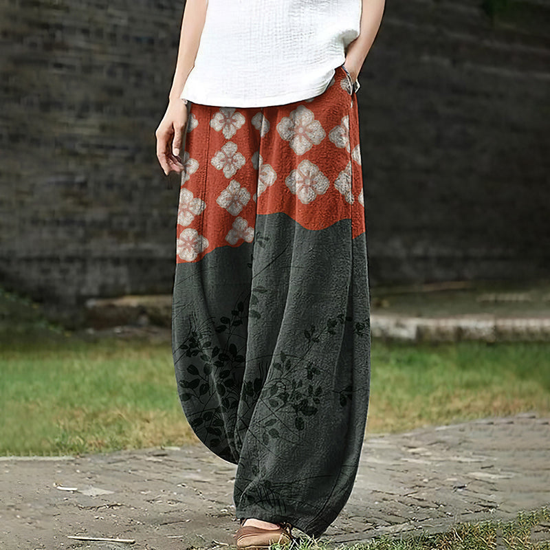 Comstylish Japanese Art Flower Print Loose Casual Pants