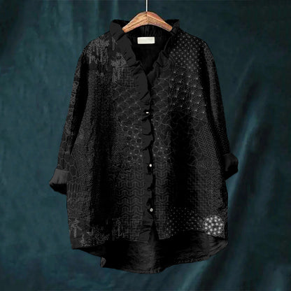 Comstylish Japanese Traditional Sashiko Art Ruffle Trim Linen Blouse