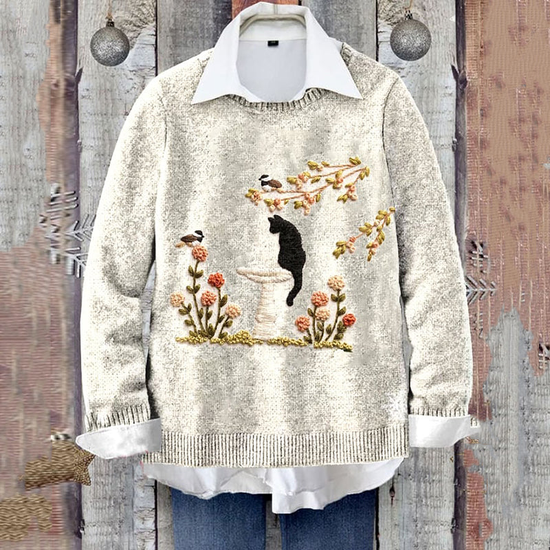 Women's Floral And Cat Knitted Cozy Sweater elevenforest