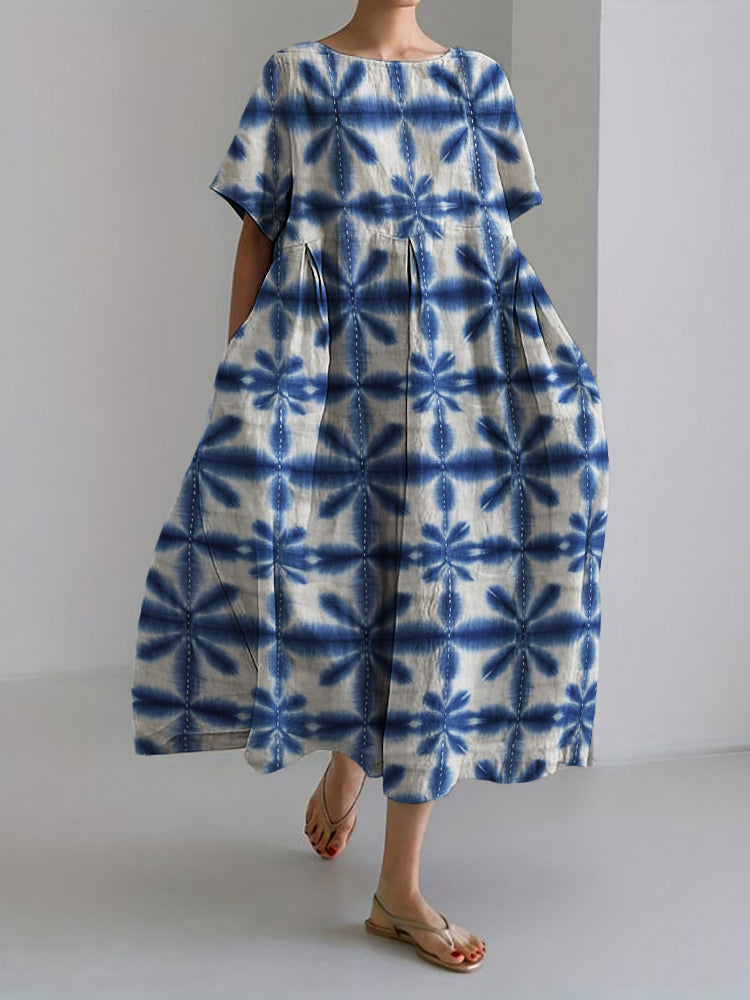 Comstylish Floral Japanese Tie Dye Pattern Linen Blend Maxi Dress