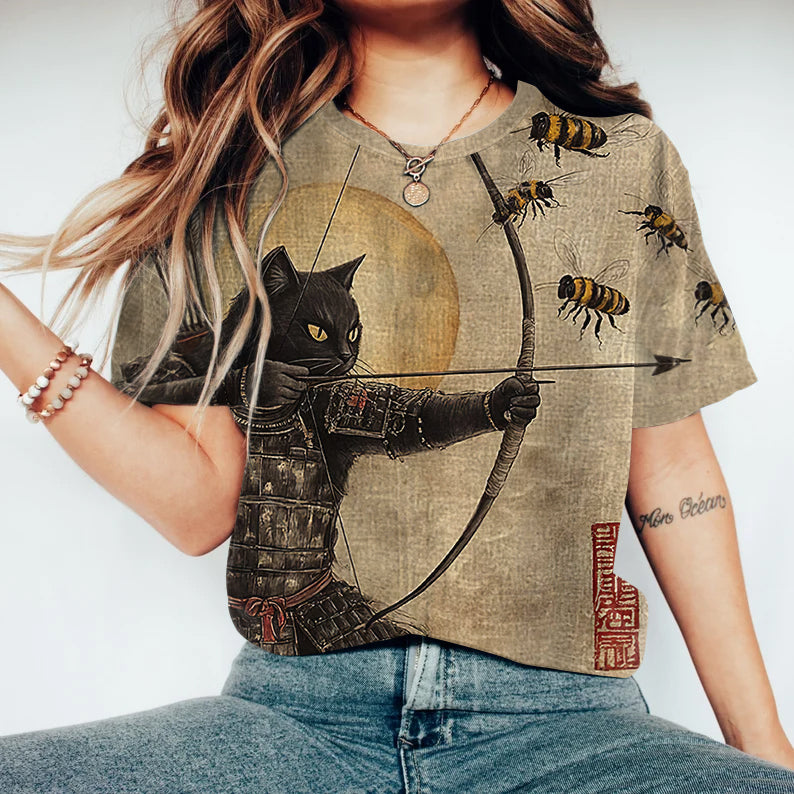 Comstylish Black Cat Tribal Warrior Japanese Kyudo Short Sleeve T-shirt