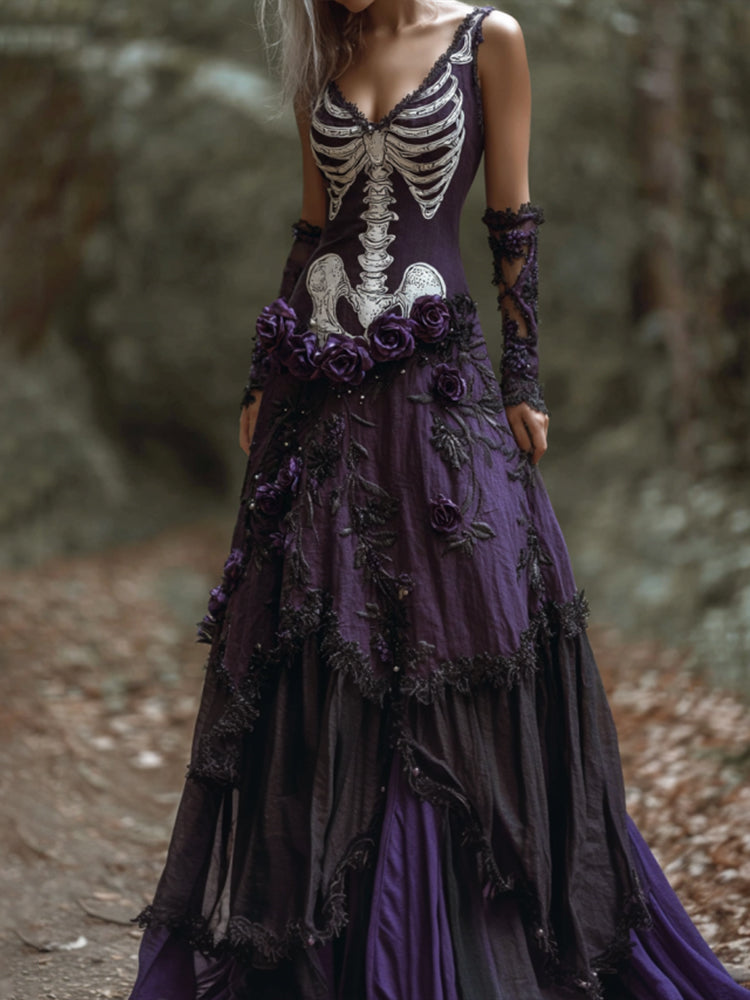 Comstylish Women's Halloween Skeleton Withered Rose Purple Strap Dress