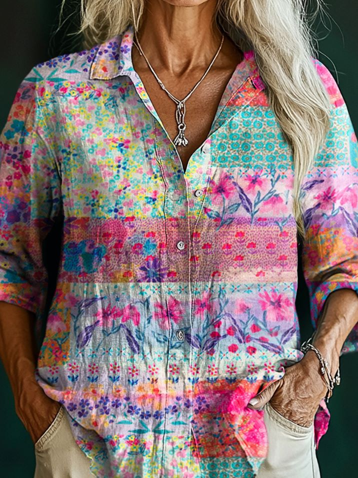Women's Floral Pattern Art Print Casual Cotton Shirt