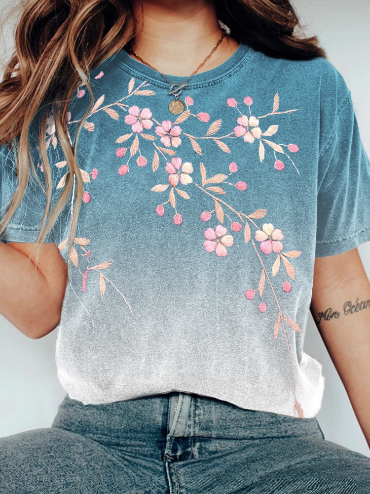 Comstylish Cherry Blossom Japanese Embroidered Gradient T Shirt