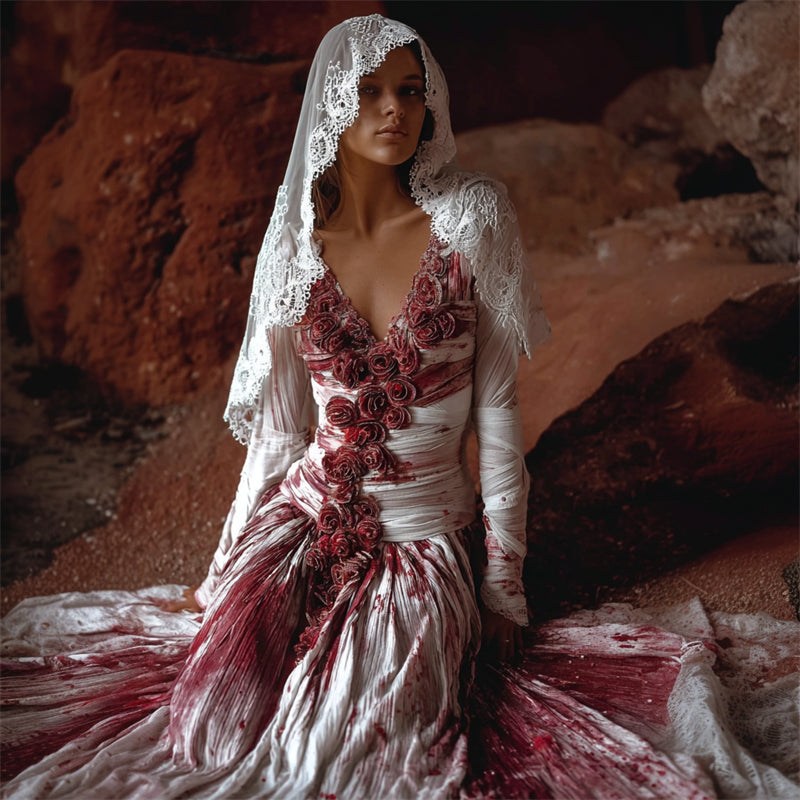 Comstylish Halloween Bloody Bridal Roses & Bandages Linen Maxi Dress