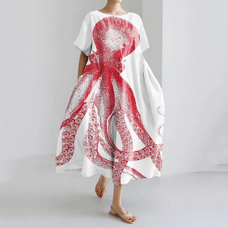 Comstylish Japanese Octopus Art Short Sleeve Loose Midi Dress