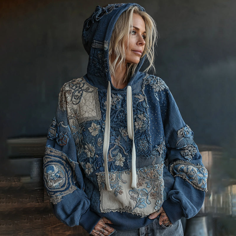 Comstylish Vintage Boho Floral Embroidered Patchwork Casual Hoodie