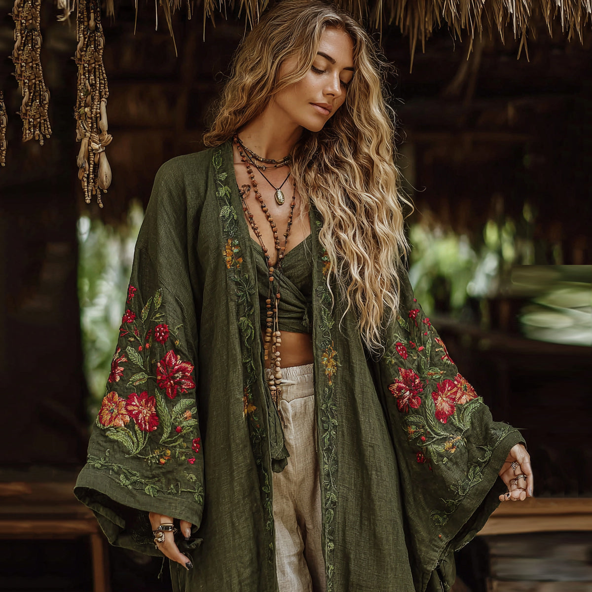 Comstylish Vintage Bohemian Floral Art Embroidery Print Cotton And Linen Blend Midi-length Kimono Cardigan