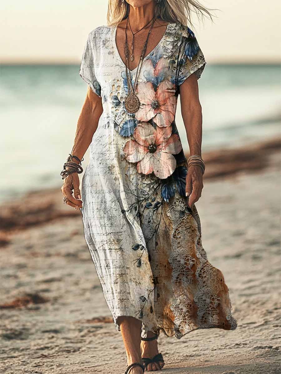 Women's Bohemian Floral Textured Art Patterns Print Short Sleeve Pocke