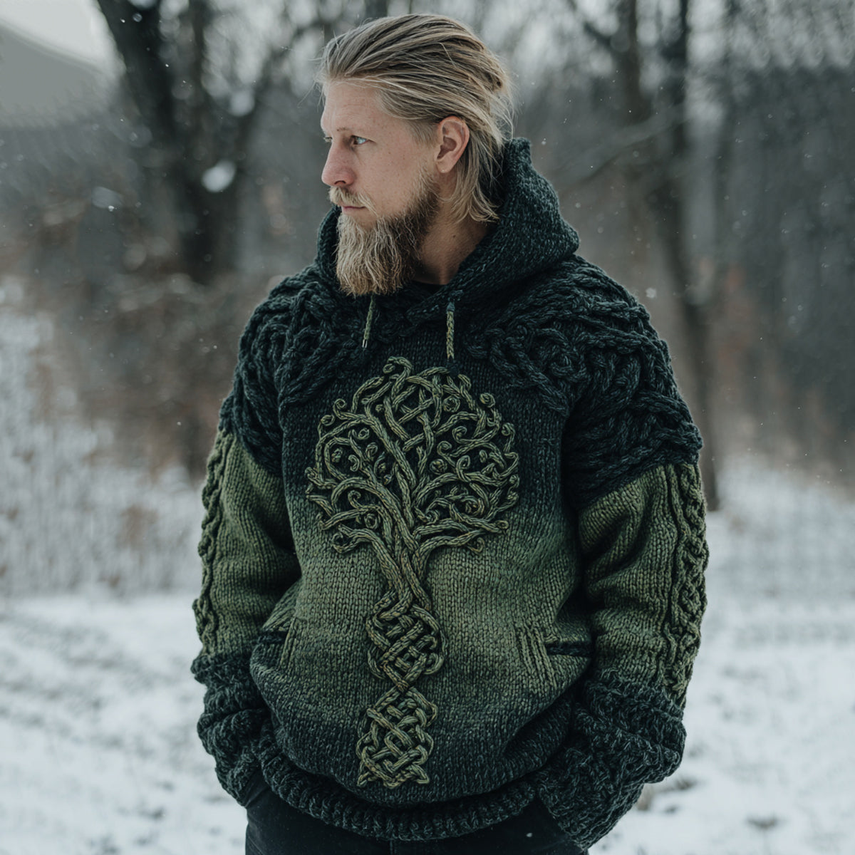 Men's Vintage Viking Tree Of Life Celtic Knot Art Jacquard Knit Hooded Sweater artswardrobe