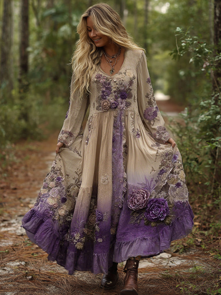 Vintage Classy Gradient Purple Lavender And Floral Embroidered Maxi Dress artswardrobe