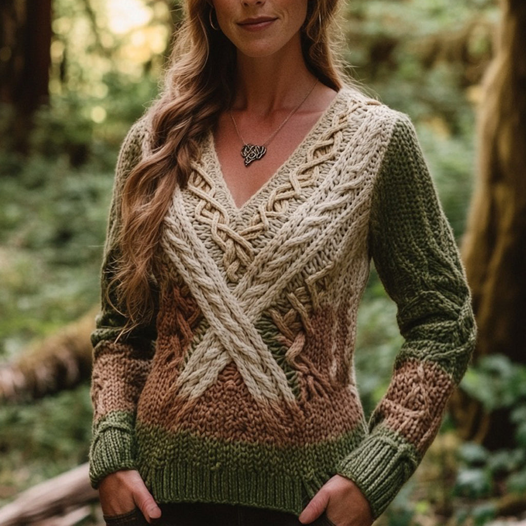 Vintage Gradient Celtic Knot Chunky V-neck Irish Aran Sweater artswardrobe