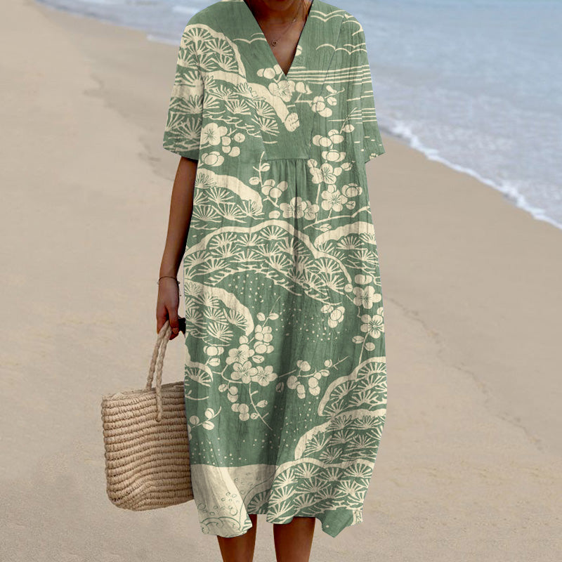 Comstylish Japanese Art Plum Blossom Printed V Neck Casual Midi Dress