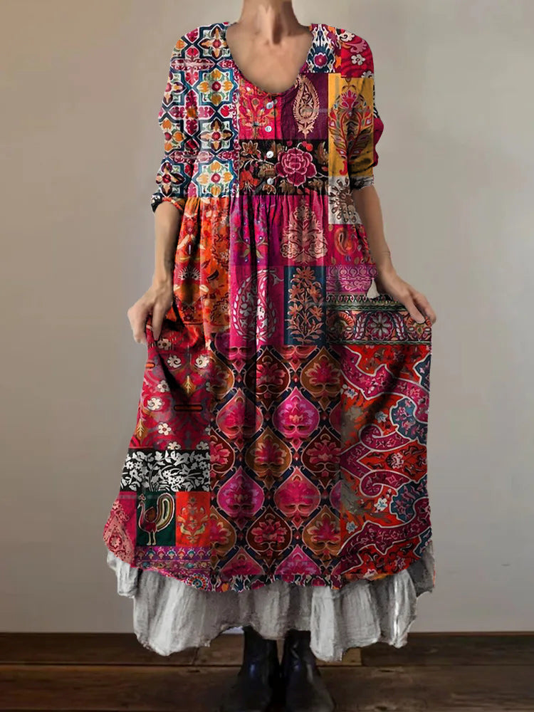 Women's Vintage Ethnic Floral Art Print V-Neck Button Pocket Cotton Dr