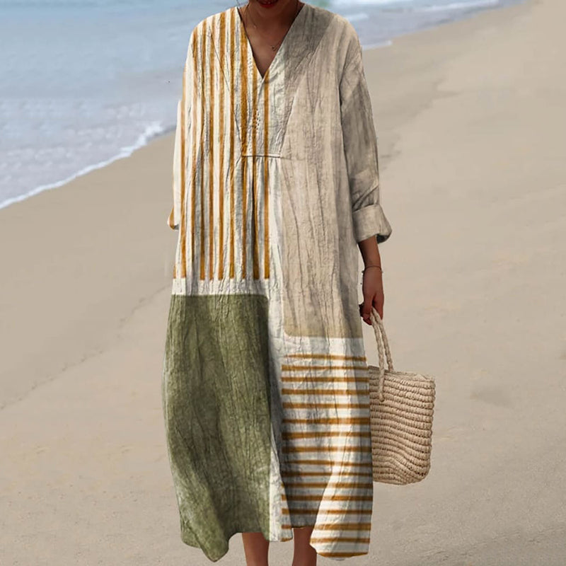 Comstylish Women's Vintage Geometric Line Art Print Cotton Dress