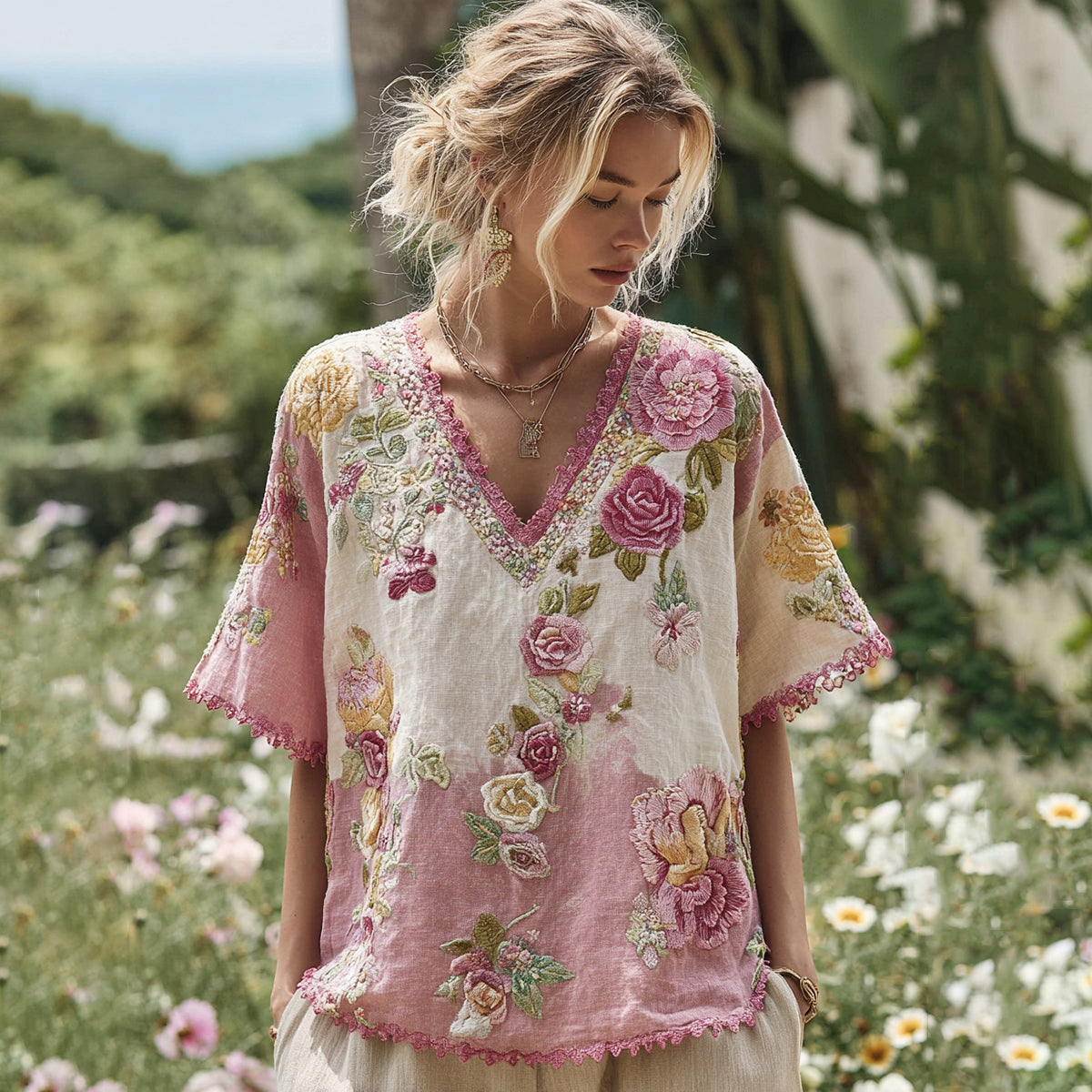 Women's Patchwork Rose Embroidered Linen T-shirt artswardrobe
